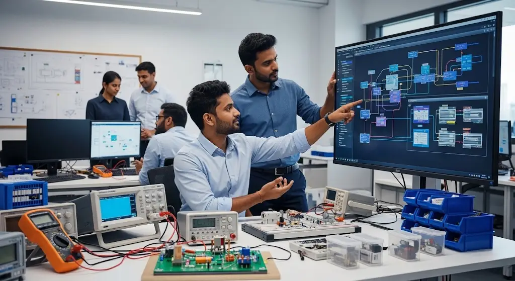 Engineers discussing about the industrial automation device.
