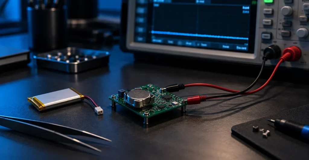 Coin cell powered board wired to a bench instrument showing a flat low current trace, pouch cell and tweezers alongside